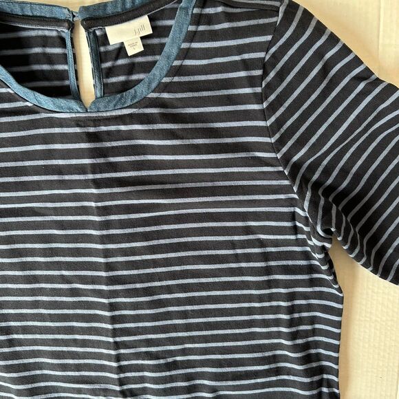 J Jill T Shirt Dress Tunic Size L Blue Striped 3/4 Sleeve Crew Neck Hand Pockets - Picture 2 of 8